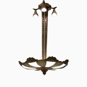 Lámpara colgante francesa Art Déco de bronce y vidrio esmerilado, años 20