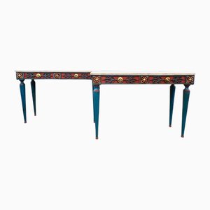 Italian Painted Wrought Iron Console Tables with Marble Tops, 1900s, Set of 2