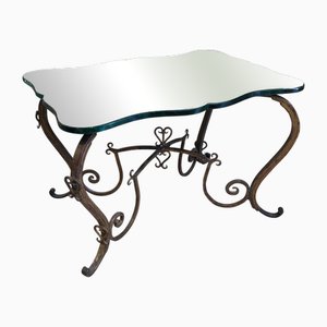 Table en Métal Doré Forgé à la Main avec Plateau en Verre Miroir par Rene Drouet, 1930s