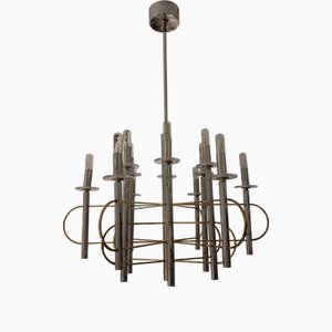 Lampadario in ottone e metallo cromato di Gaetano Sciolari per Sciolari, Italia, anni '70
