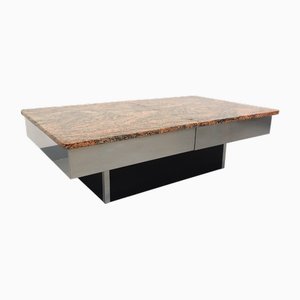 Vintage Couchtisch aus verchromtem Metall & schwarzem Melamin mit Bar, 1970er