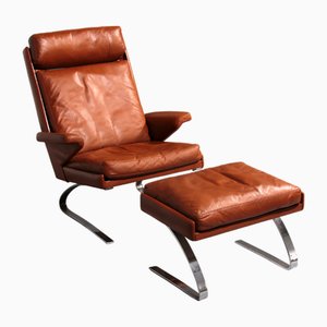 Set of Cognac Leather Swing Lounge Chair and Ottoman by Reinhold Adolf and Hans-Jürgen Schröpfer for COR, 1976