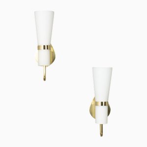Wall Lights in Brass and Opaline, 1950s, Set of 2