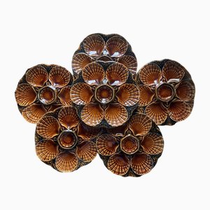 French Majolica Oyster Plates by Sarreguemines, 1930s, Set of 6