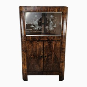 Art Deco Corner Display Cabinet in Walnut with Sliding Glass and Compartment, 1930s