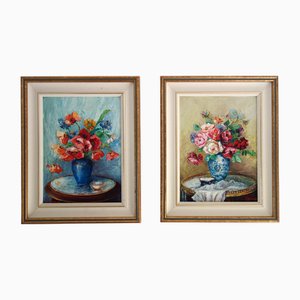 Alphonsive Bouquet, Floral Still Lifes, 1940s-1950s, Oil Paintings, Set of 2