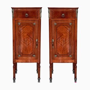 Hight Tall Narrow French Marquetry Nightstands with Drawer and Door in Burl Oak, 1890s, Set of 2