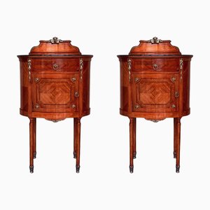 19th Century Louis XVI Marquetry Nightstands with Bronze & Mirror Crest, 1890s, Set of 2