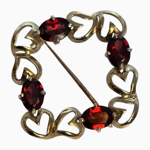 Vintage 9 Karat Yellow Gold Hearts Garnet Brooch