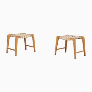 Sculptural Oak Stools with Woven Canvas Straps by Jan Vanek, 1940s, Set of 2