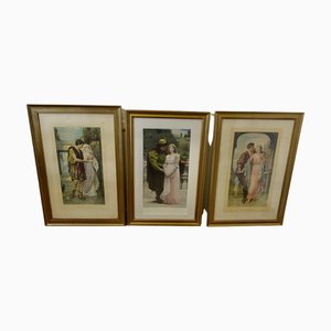Artista prerrafaelita, escenas románticas, siglo XIX, grabados, enmarcado, Juego de 3