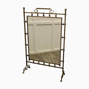 Grand Pare-étincelles Art Nouveau en Laiton et Miroir