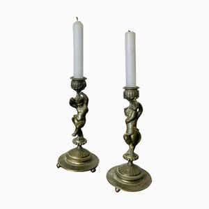 19th Century Brass Candleholders with Dancing Cherubs, Set of 2