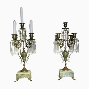 Green Marble and Brass 5 Branch Candleholders, Set of 2