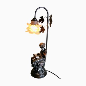 French Figural Bronze Lamp with Lady Reading, 1970s