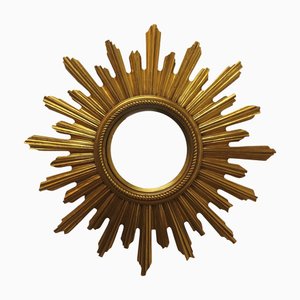 Espejo francés Art Déco Mid-Century convexo en forma de sol dorado, años 80