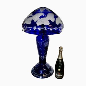 Bristol Cobalt Blue Cut Glass Lamp with Glass Shade, 1920s