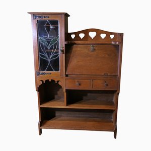 Arts and Crafts Golden Oak Stained Glass Bookcase, 1890s