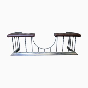 Large Polished Steel and Brass Upholstered Club Fender, 1930s
