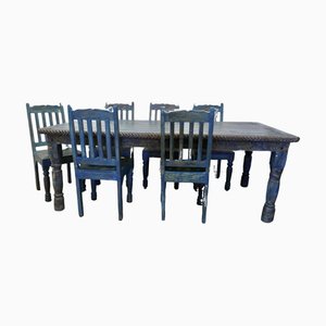 Large Carved Folk Art Painted Table and Chairs, 1920, Set of 7