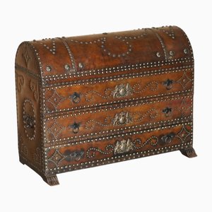 Antique Spanish Armorial Crest Coat of Arms Chest of Drawers with Leather Domed Top