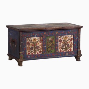 Antique Blue Trunk with Hand-Painted Floral Details, 1870s