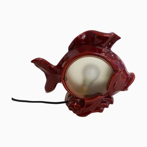Small Mid-Century Fish Night Light Lamp in Red Earthenware, 1940s