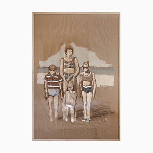 Vera Edwards, Familienstrandszene, Öl auf Papier