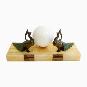 Large Art Deco Marble & Onyx Peacock Night Lamp by Ted, France, 1930s