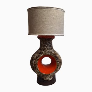 German Fat Lava Ceramic Table Lamp with Handmade Lampshade, 1970s