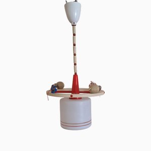 Vintage Children's Room Ceiling Lamp in Lacquered Beech with White Glass Shade, 1970s