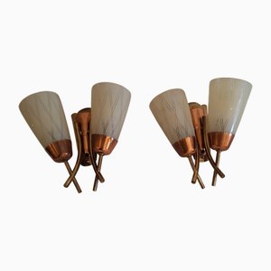 Mid-Century Wall Lamps in Copper and Brass with Patterned Glass Shades, 1950s, Set of 2