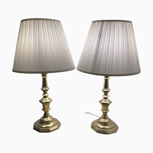Brass Table Lamps with White Pleated Shades, Set of 2