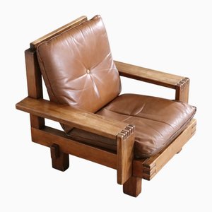 Fauteuil Brutaliste Mid-Century en Chêne et Cuir, Italie, 1970s