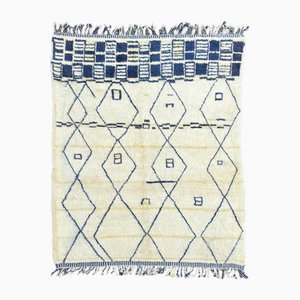 Moroccan Beni Ourain Handwoven Wool Rug with Blue Accents, 1990s