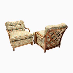 Olive Green Armchairs with Walnut Frames attributed to Paolo Buffa, Italy, 1940s, Set of 2