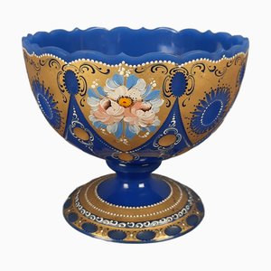 Vintage Blue Periwinkle Gold Flowers Murano Glass Cup by Fratelli Ferro Design, 1970s