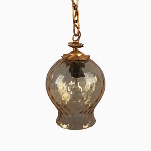 Vintage Murano Glass Pendant Lamp in Amber Colored Gold Wrought Iron, 1960s