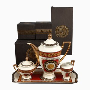 Théière Service Vintage en Porcelaine de Versailles, Sucrier, Pot à Lait et Plateau, Set de 4