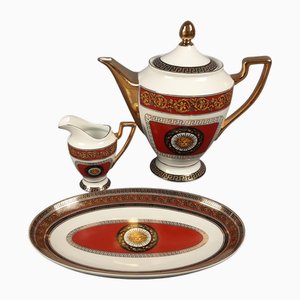 Théière, Pot à Lait et Plateau en Porcelaine de Versailles Vintage en Blanc, Doré et Rouge, Set de 3