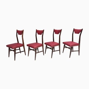 Vintage Ebonized Beech and Crimson Skai Dining Chairs, Italy, 1950s, Set of 4