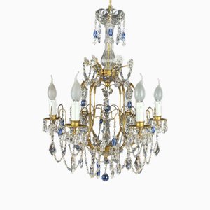 Italian Gilt 6-Light Chandelier with Blue and Transparent Crystals, 1950s