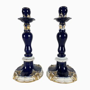 Blue and Gilt Candlesticks from Meissen Porcelain, 19th Century, Set of 2