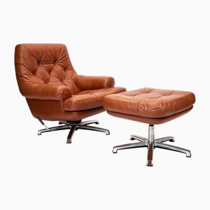 Set of Cognac-Colored Leather Lounge Chair and Ottoman, 1970s