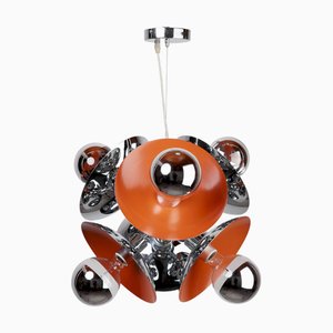 Italienischer Sputnik Kronleuchter aus Chrom mit 6 versilberten Glühbirnen mit orangefarbenen Reflektoren, 1970er