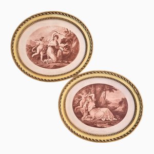 Angelica Kauffman, Cupid Binds to a Laurel Aglaia (Grace of Splendor) & Cupid Disarmed by Euphrosine (Grace of Joy), Etchings, 1700s, Framed, Set of 2