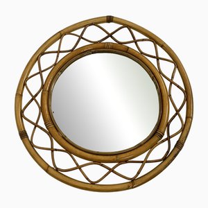 Mid-Century Round Bamboo and Rattan Wall Mirror, Italy, 1960s