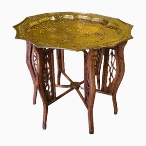 Vietnamese Brass and Wood Folding Side Table, 1950s