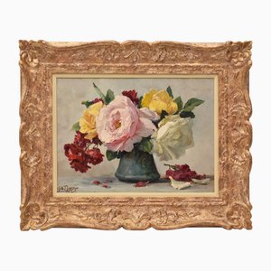 Lucien Gilbert Darpy, Small Rose Flowers, Oil on Canvas, 20th Century, Framed
