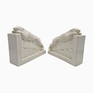 Art Deco Bookends Depicting Panthers in Craquele Ceramic by Charles Lemanceau for Saint Clement, France, 1940s, Set of 2
